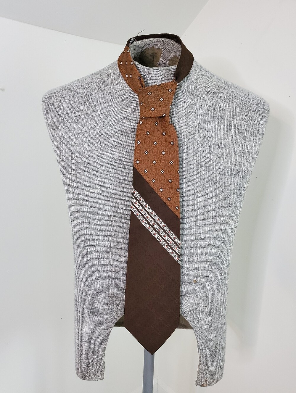 70s Vintage Caramel Latte Neutral Colorblock Patter Neck Tie